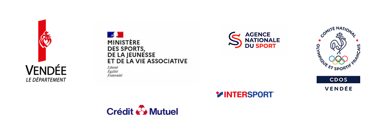 logo des partenaires : département de la Vendée, ministère des sports, agence nationale du sport, CDOS, crédit mutuel, intersport